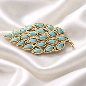 Vintage Gerry's Brooch Pin Gold Tone Leaf Accented With Turqoise Teardrop Stones